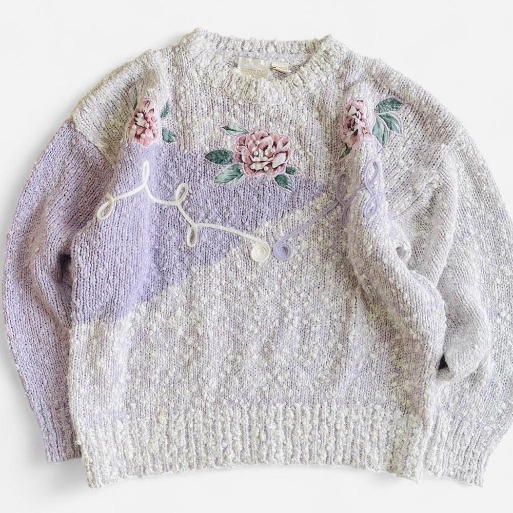 Vintage Needles and Yarn Purple Lilac Sweater with Floral Flowers Appliqués L
